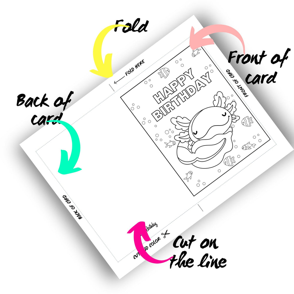 Axolotl Coloring birthday card for children - KY designX