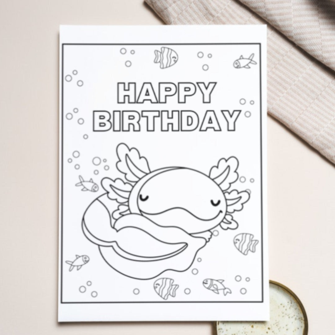 Axolotl Coloring birthday card for children - KY designX