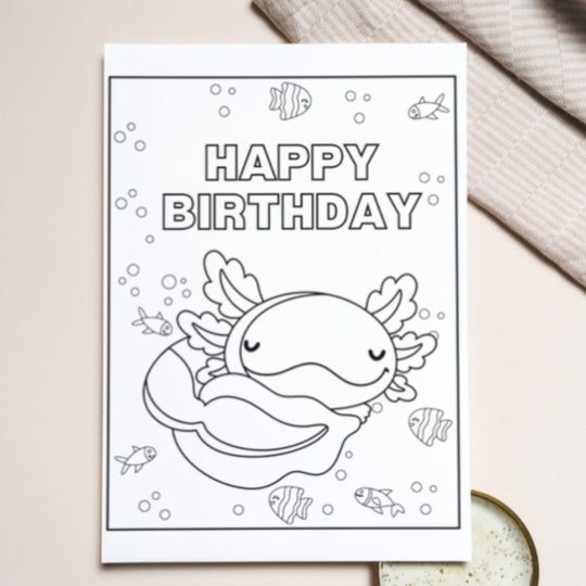 Axolotl Coloring birthday card for children - KY designX