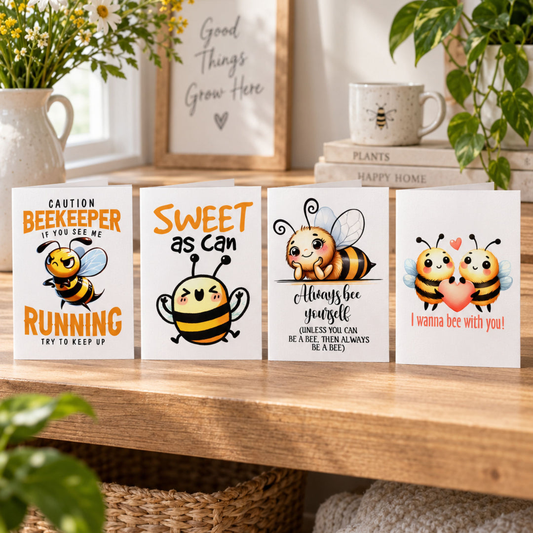 Bee printable card bundle showing Always Bee Yourself, Sweet as Can Bee and Beekeeper designs