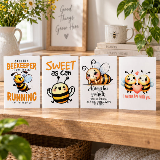 Bee printable card bundle showing Always Bee Yourself, Sweet as Can Bee and Beekeeper designs