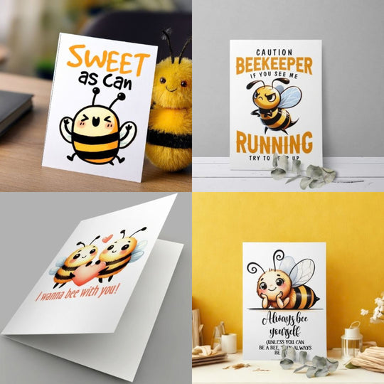 Bee printable greeting card bundle with four cute bee card designs