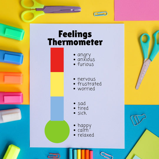 a Printable Feelings Thermometer & Behavior Support Tools on a colorful background with colored pens