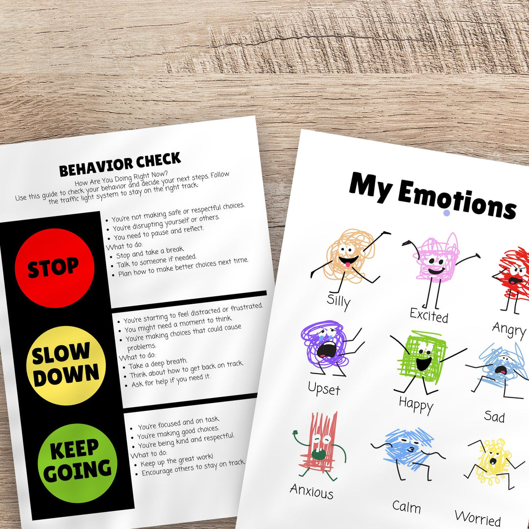 2 colorful feelings posters on a wood background