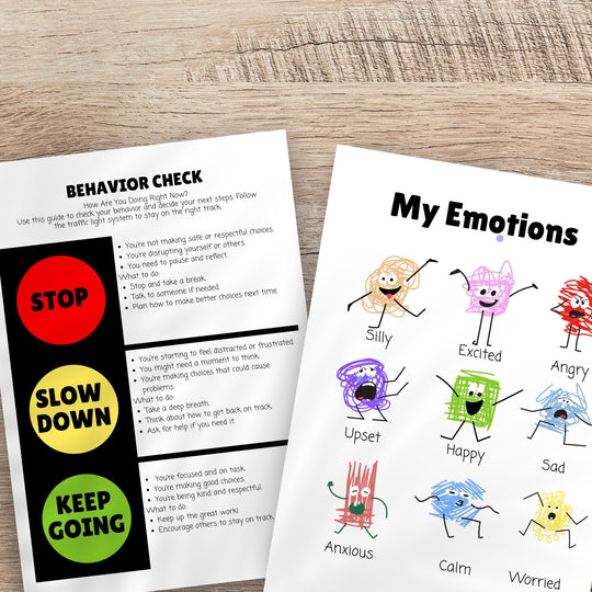 2 colorful feelings posters on a wood background