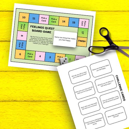 Feelings Quest board game with cards and a die on a yellow wooden surface