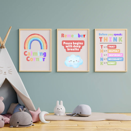 calming strategies posters on a wall next to a kids tet and soft toys