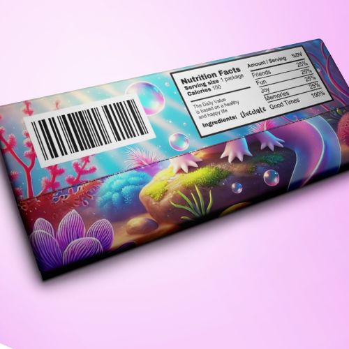 a Free Printable Axolotl Chocolate Bar Wrapper package with a bar code and nutrition facts label on a pink background