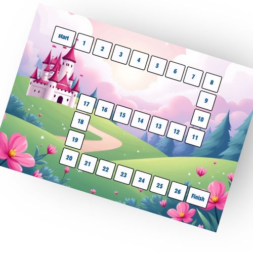 Educational game board with a castle and number sequence on a grassy landscape.