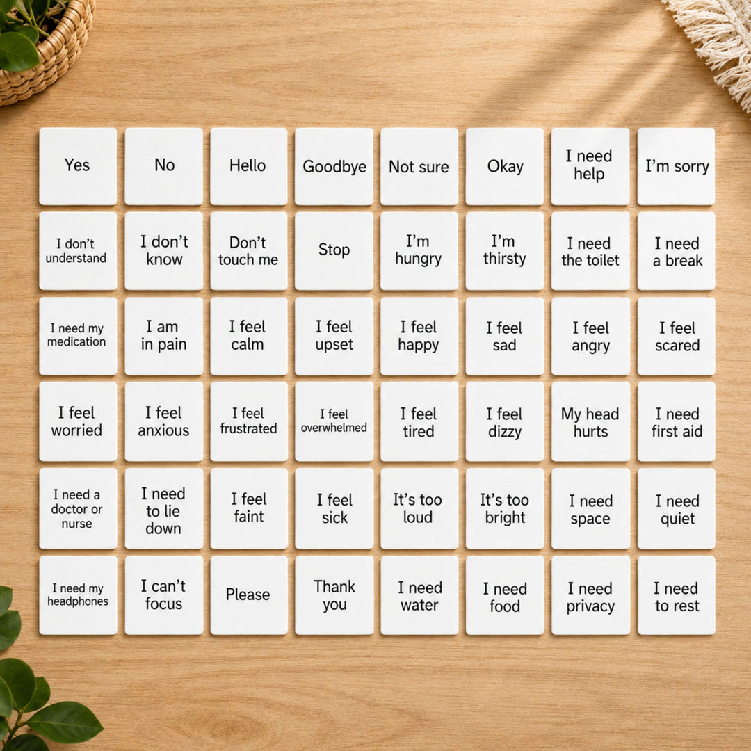 Set of  Visual Communication Cards Printable cards on a wooden surface with plants on the sides.