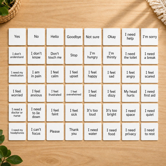 Set of  Visual Communication Cards Printable cards on a wooden surface with plants on the sides.