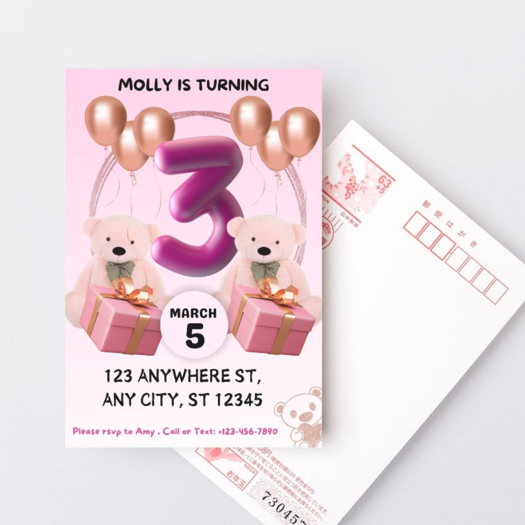 Customizable pink teddy bear invitation - KY designX