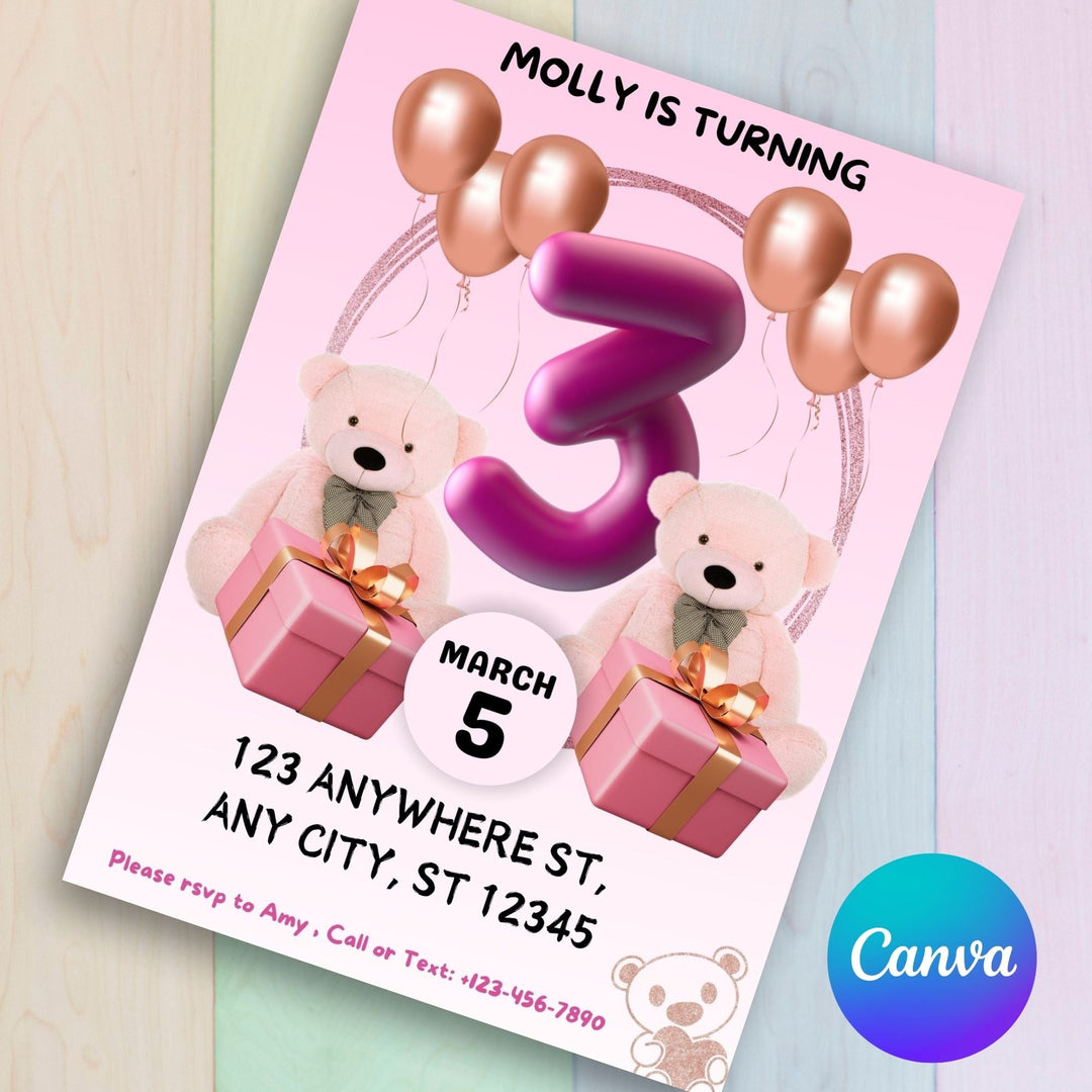 Customizable pink teddy bear invitation - KY designX