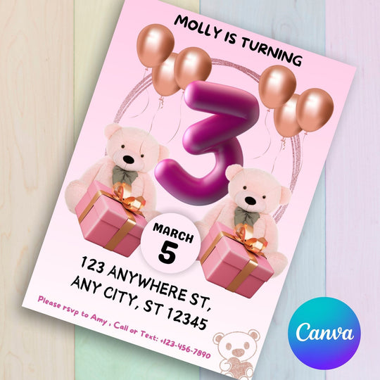 Customizable pink teddy bear invitation - KY designX