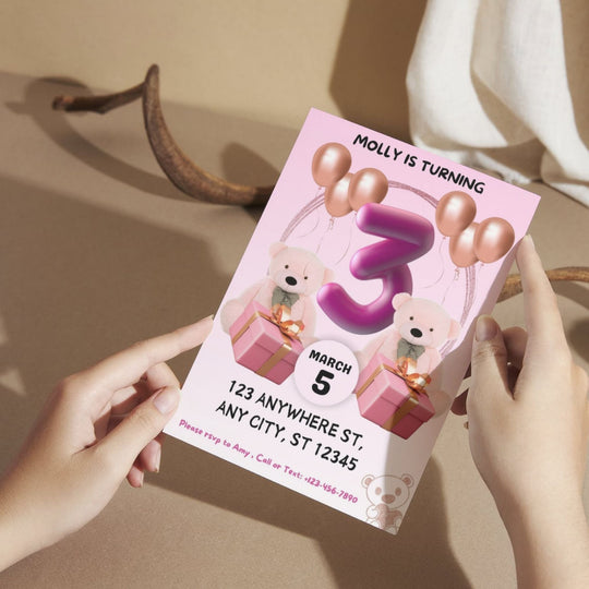 Customizable pink teddy bear invitation - KY designX