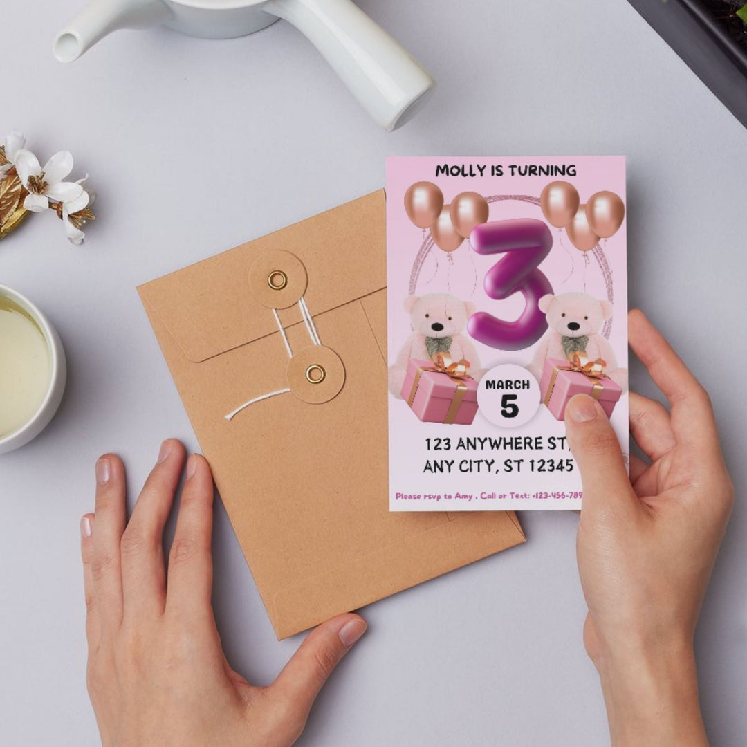 Customizable pink teddy bear invitation - KY designX