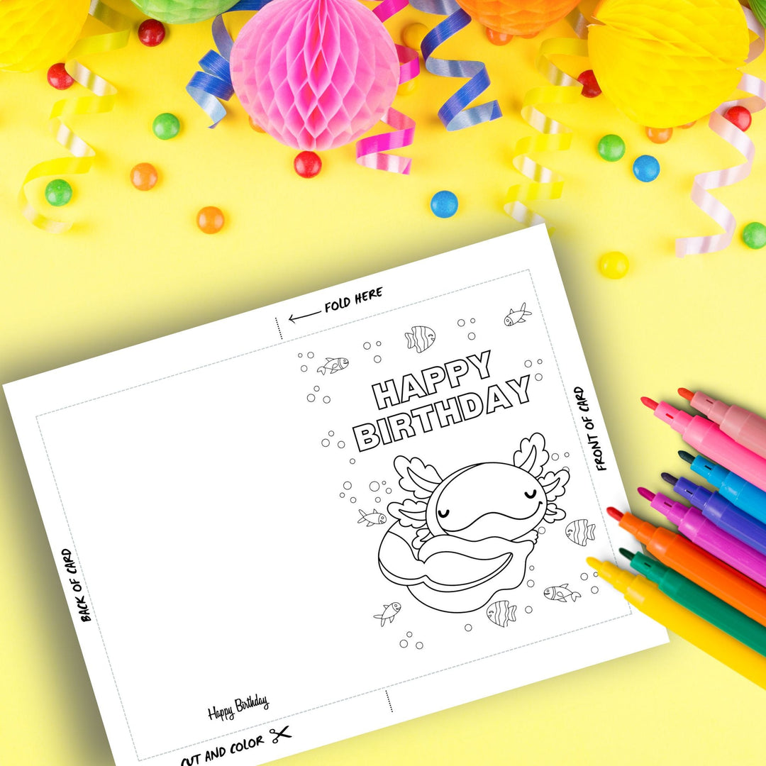 Cute Axolotl Coloring birthday card - KY designX