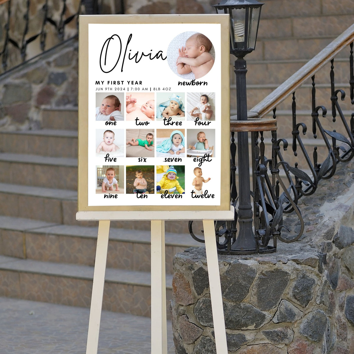 Editable first birthday photo collage template with baby milestone photos