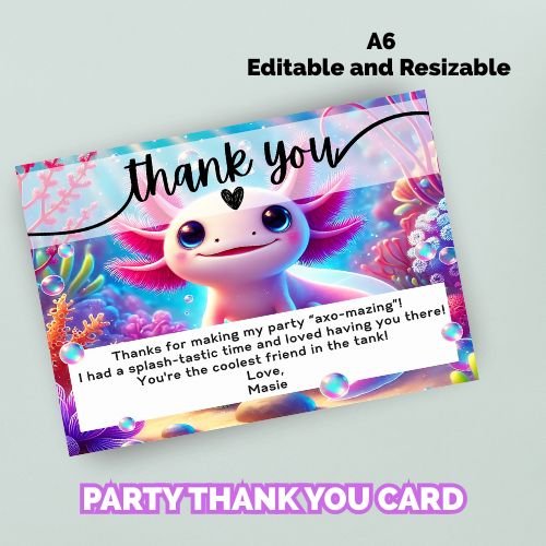Editable Axolotl Birthday Thank You Card - KY designX