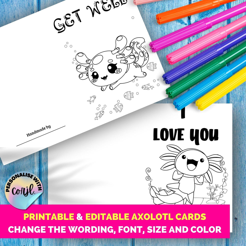 Editable Axolotl greeting cards for kids - KY designX