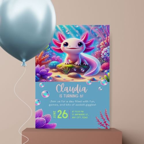Editable Axolotl Underwater Birthday Invitation - KY designX
