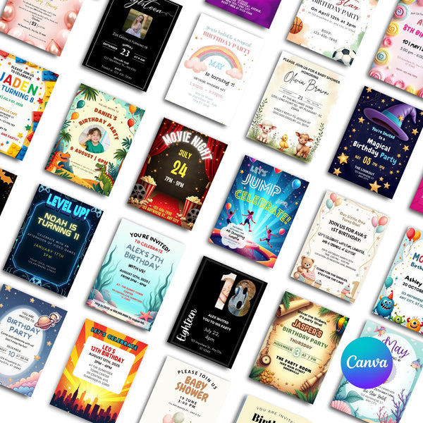 50 editable Canva party invitations bundle for kids and teens