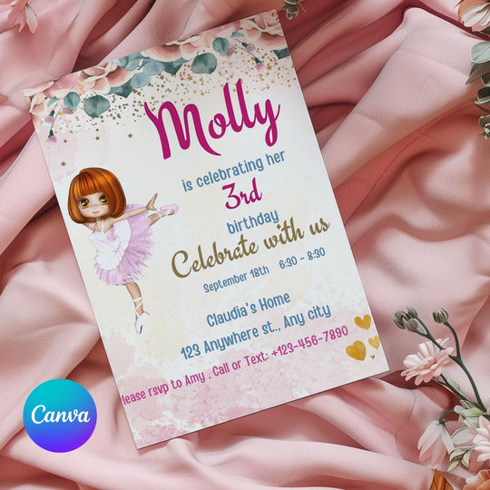 Editable Girls Ballerina birthday Party Invite - KY designX