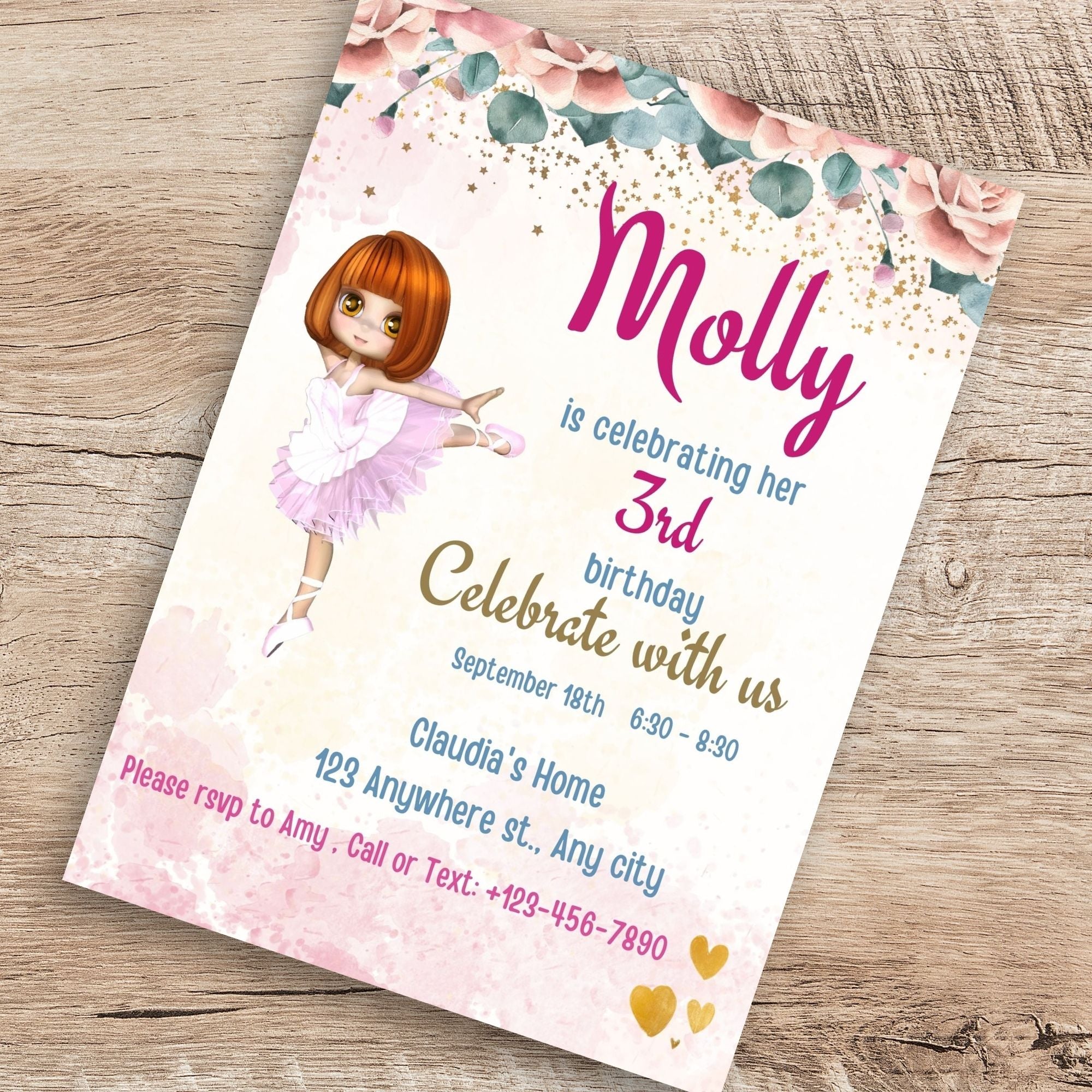 Editable Girls Ballerina birthday Party Invite - KY designX