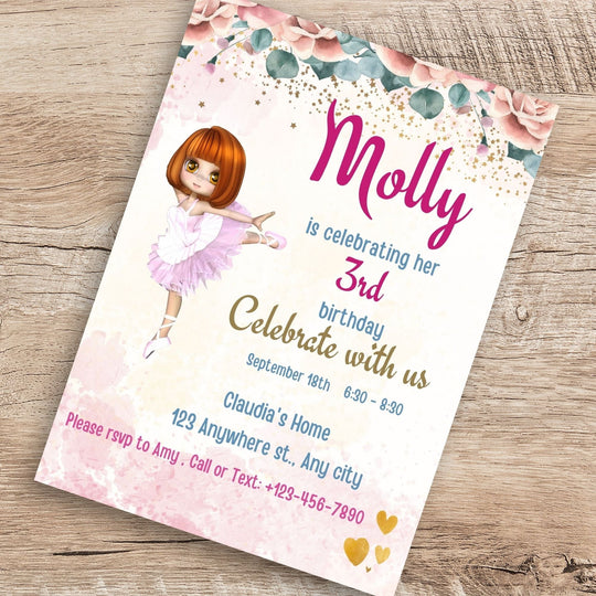 Editable Girls Ballerina birthday Party Invite - KY designX