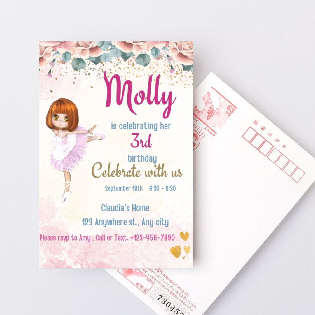 Editable Girls Ballerina birthday Party Invite - KY designX