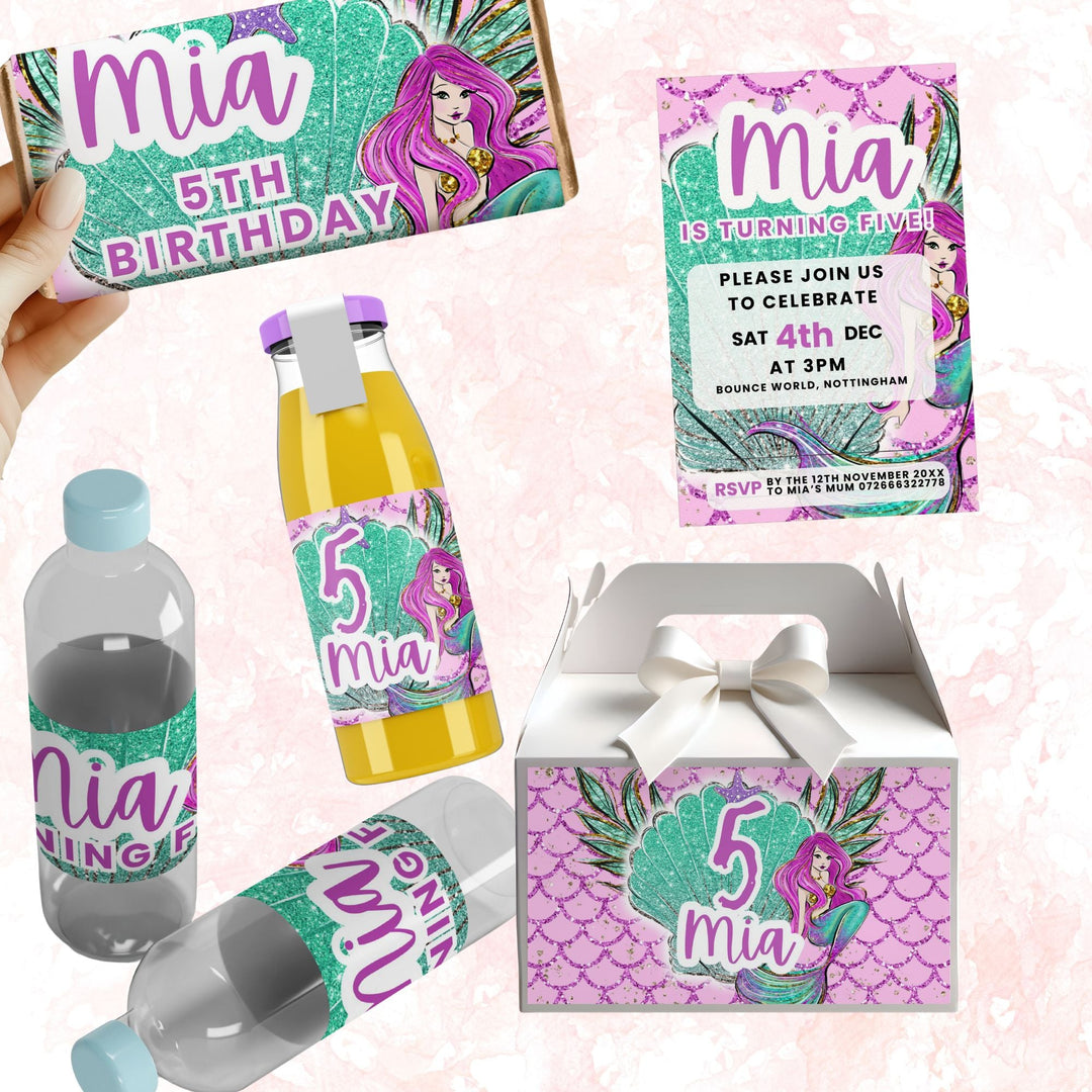 Editable Mermaid Birthday Bundle Canva Templates - KY designX