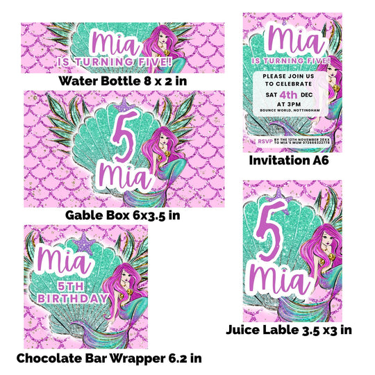Editable Mermaid Birthday Bundle Canva Templates - KY designX