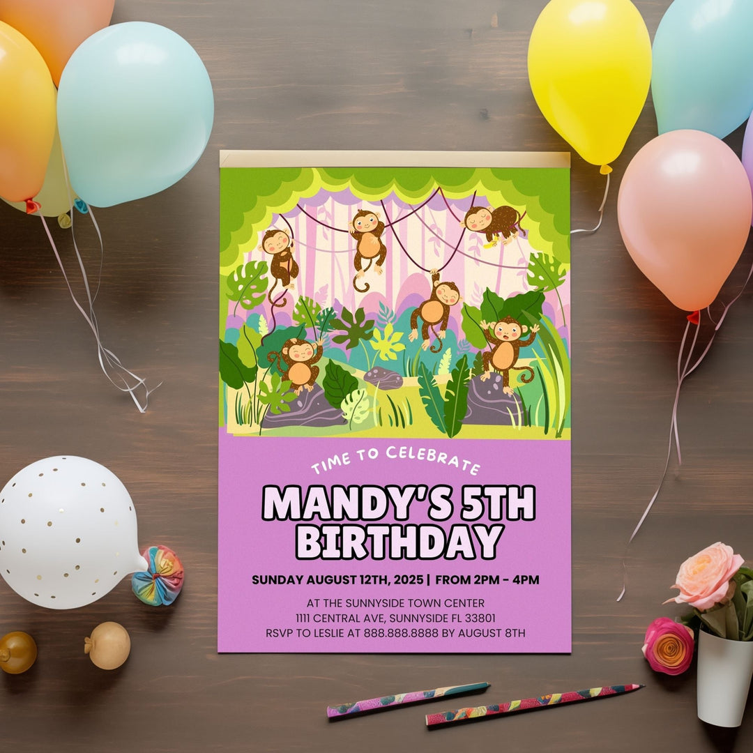 Editable Monkey Birthday Party Invitation Template - KY designX
