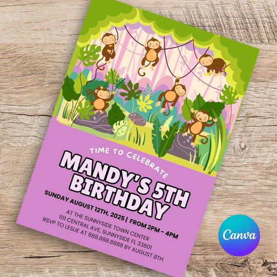 Editable Monkey Birthday Party Invitation Template - KY designX