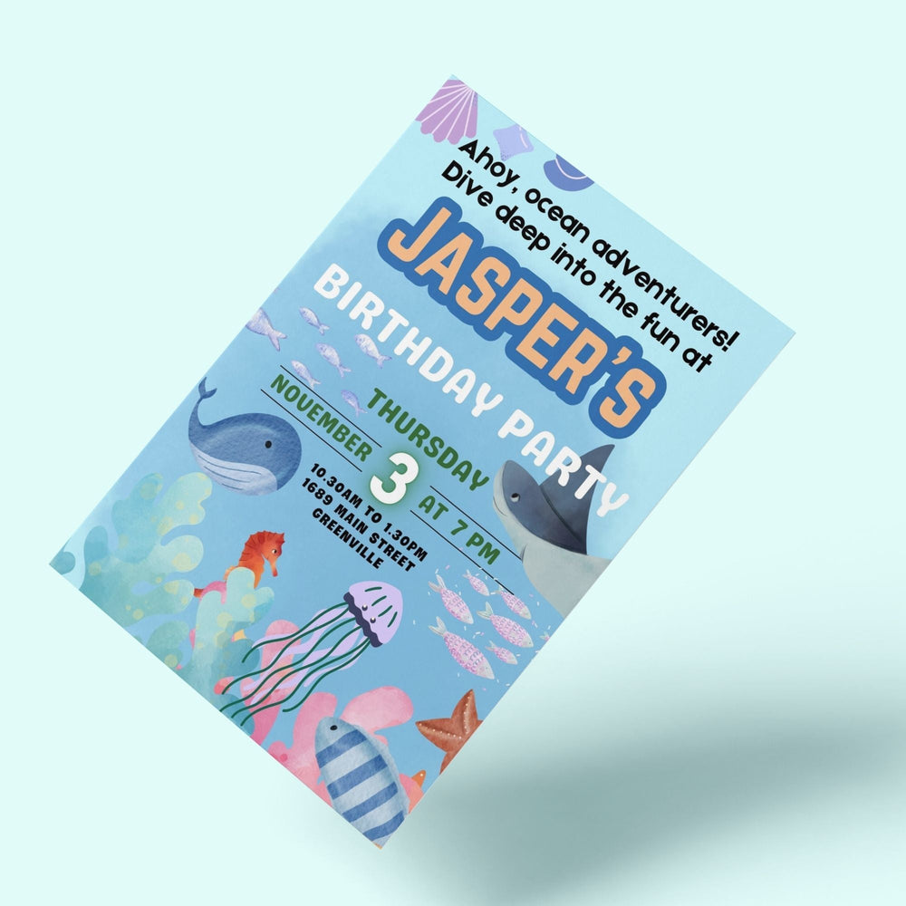 Editable Oceans Adventures Birthday Party Invitation - KY designX