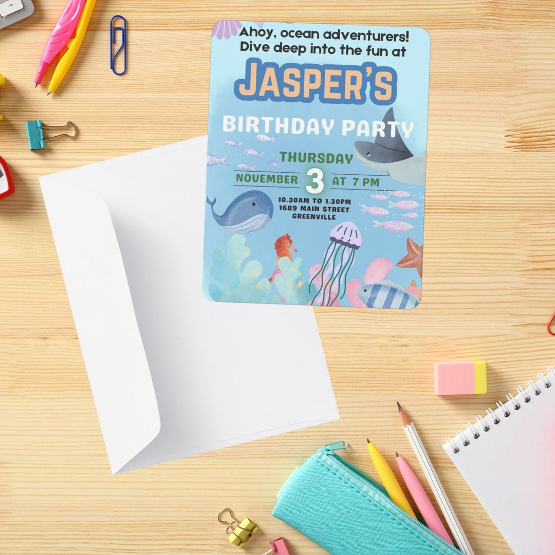Editable Oceans Adventures Birthday Party Invitation - KY designX