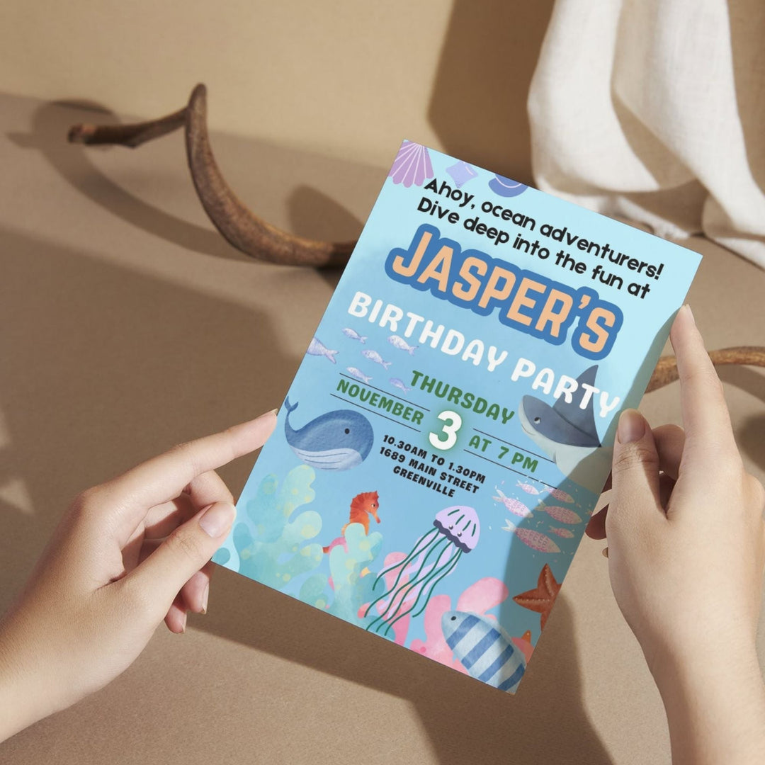 Editable Oceans Adventures Birthday Party Invitation - KY designX