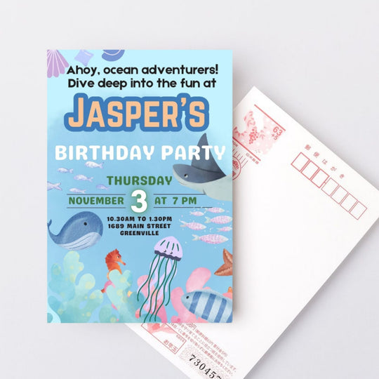 Editable Oceans Adventures Birthday Party Invitation - KY designX