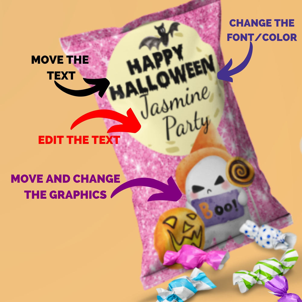 Editable Pink Printable Halloween Chip Bag - KY designX