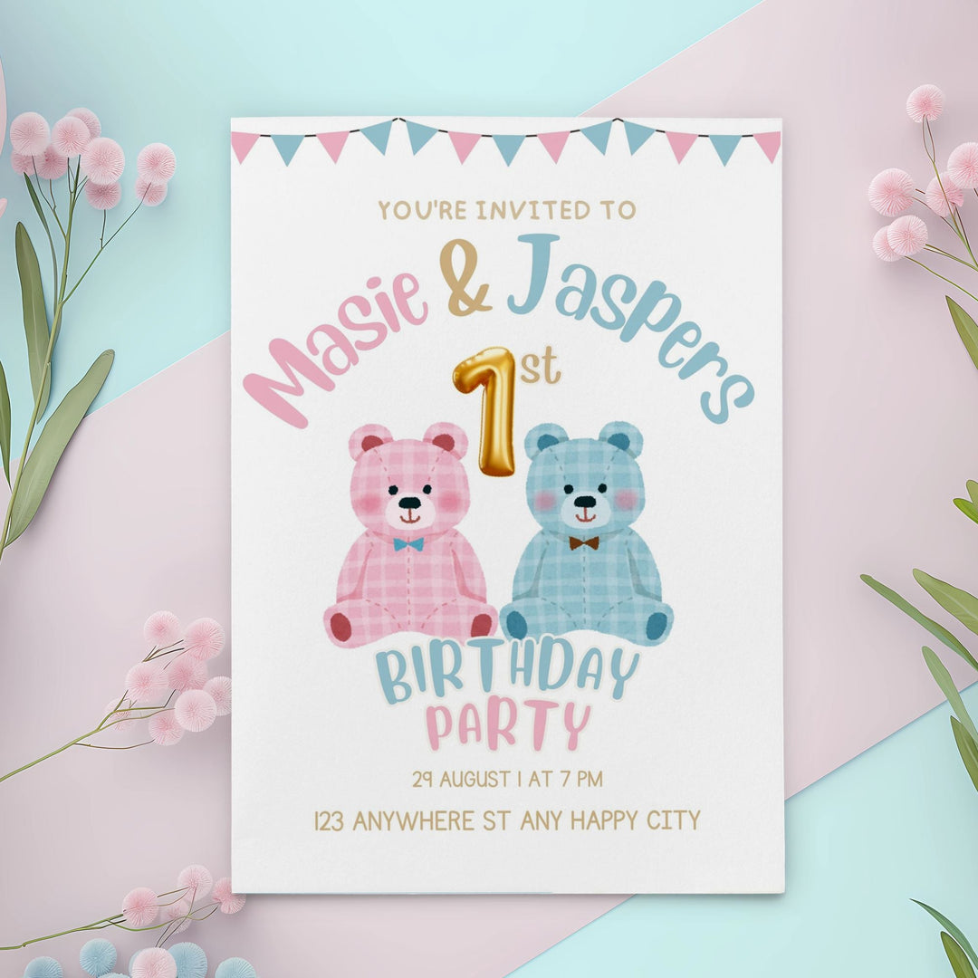 Editable twins’ 1st birthday invitation with pink and blue teddies - KY designX