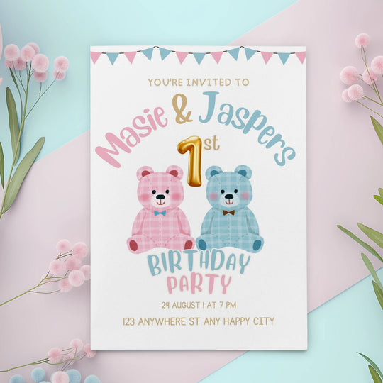 Editable twins’ 1st birthday invitation with pink and blue teddies - KY designX