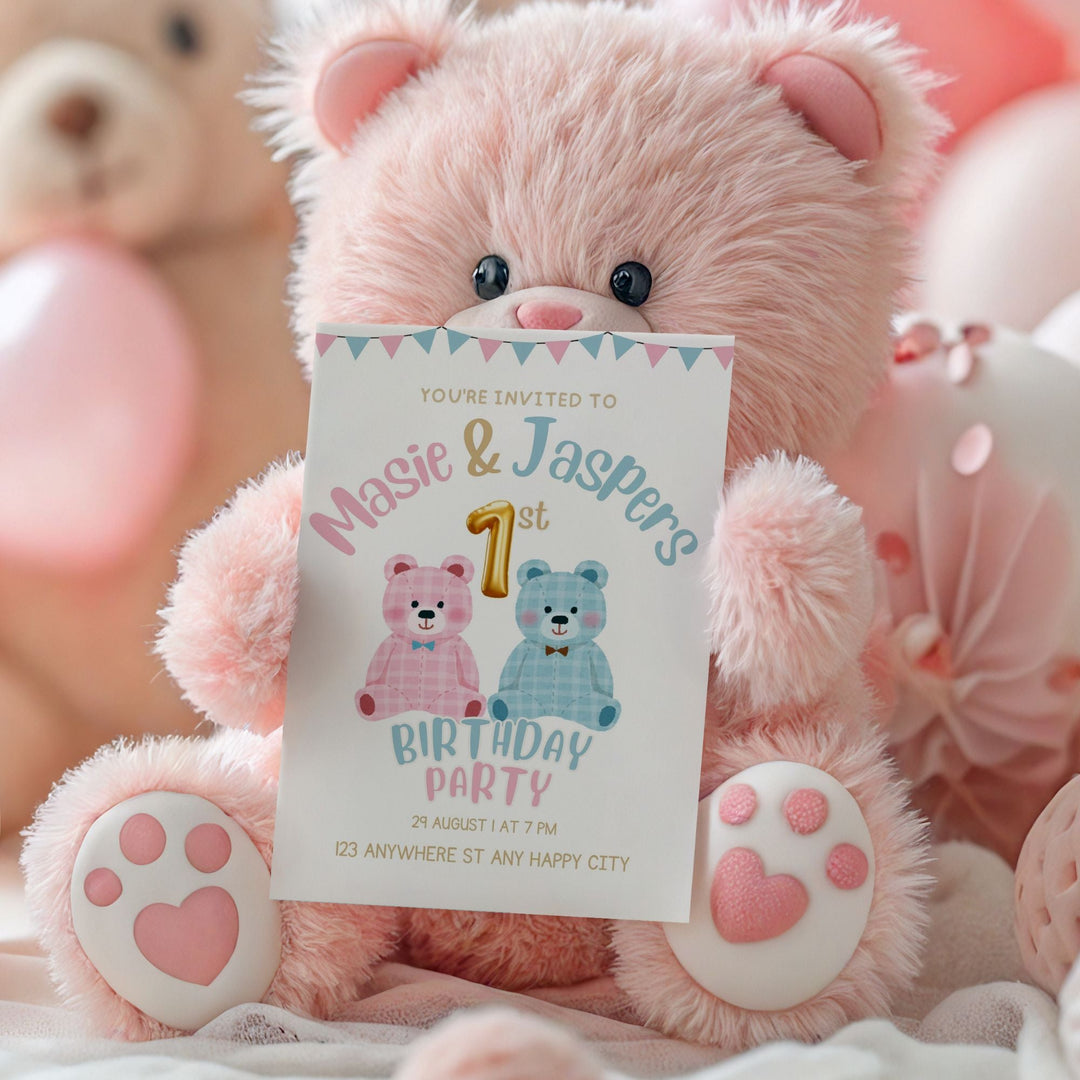 Editable twins’ 1st birthday invitation with pink and blue teddies - KY designX