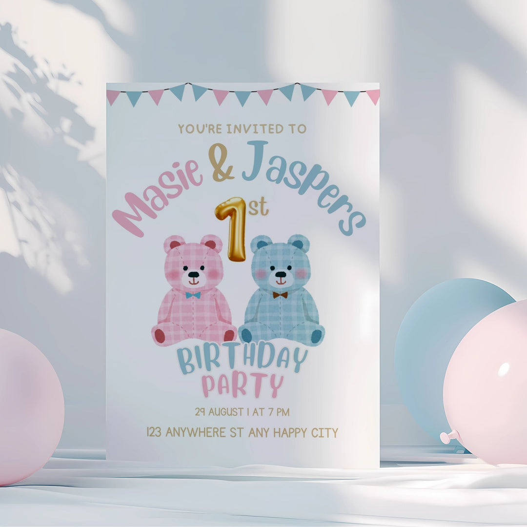 Editable twins’ 1st birthday invitation with pink and blue teddies - KY designX
