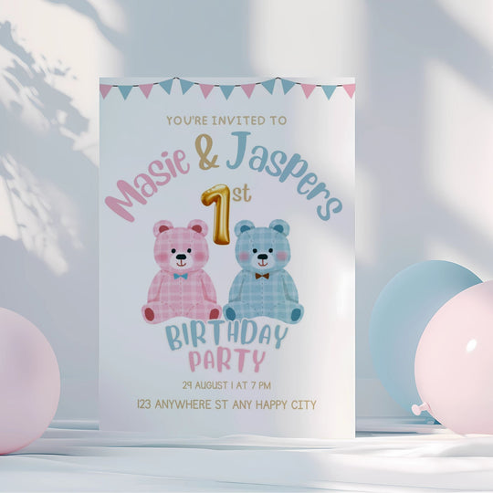 Editable twins’ 1st birthday invitation with pink and blue teddies - KY designX