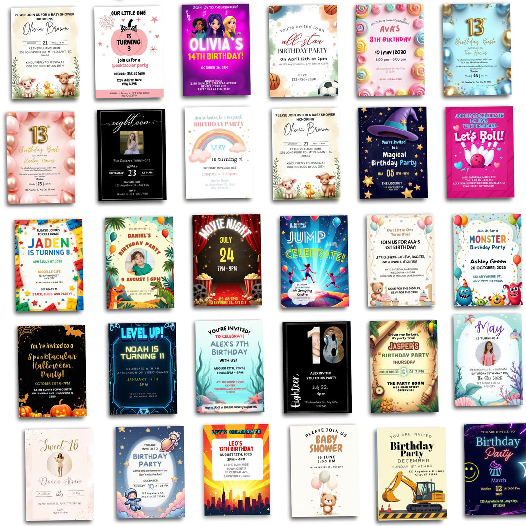 a selection of canva party invates templates for kids and teens 