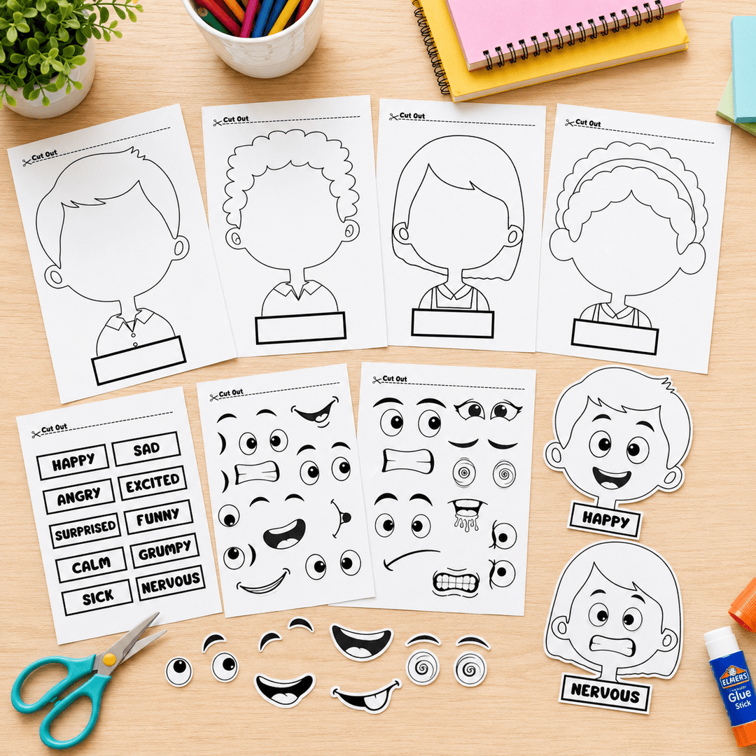 Build-a-Face printable activity for recognising and talking about emotions