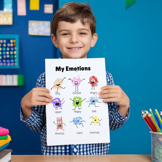 a young boy holding a colorful emptions poster