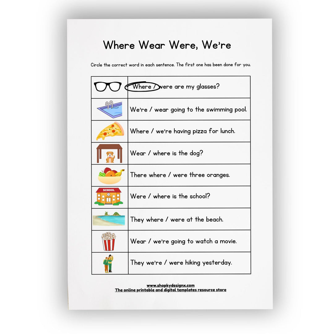 Free Homophones where, were, wear and we're worksheets - KY designX