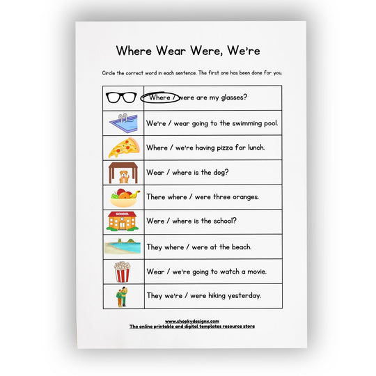 Free Homophones where, were, wear and we're worksheets - KY designX