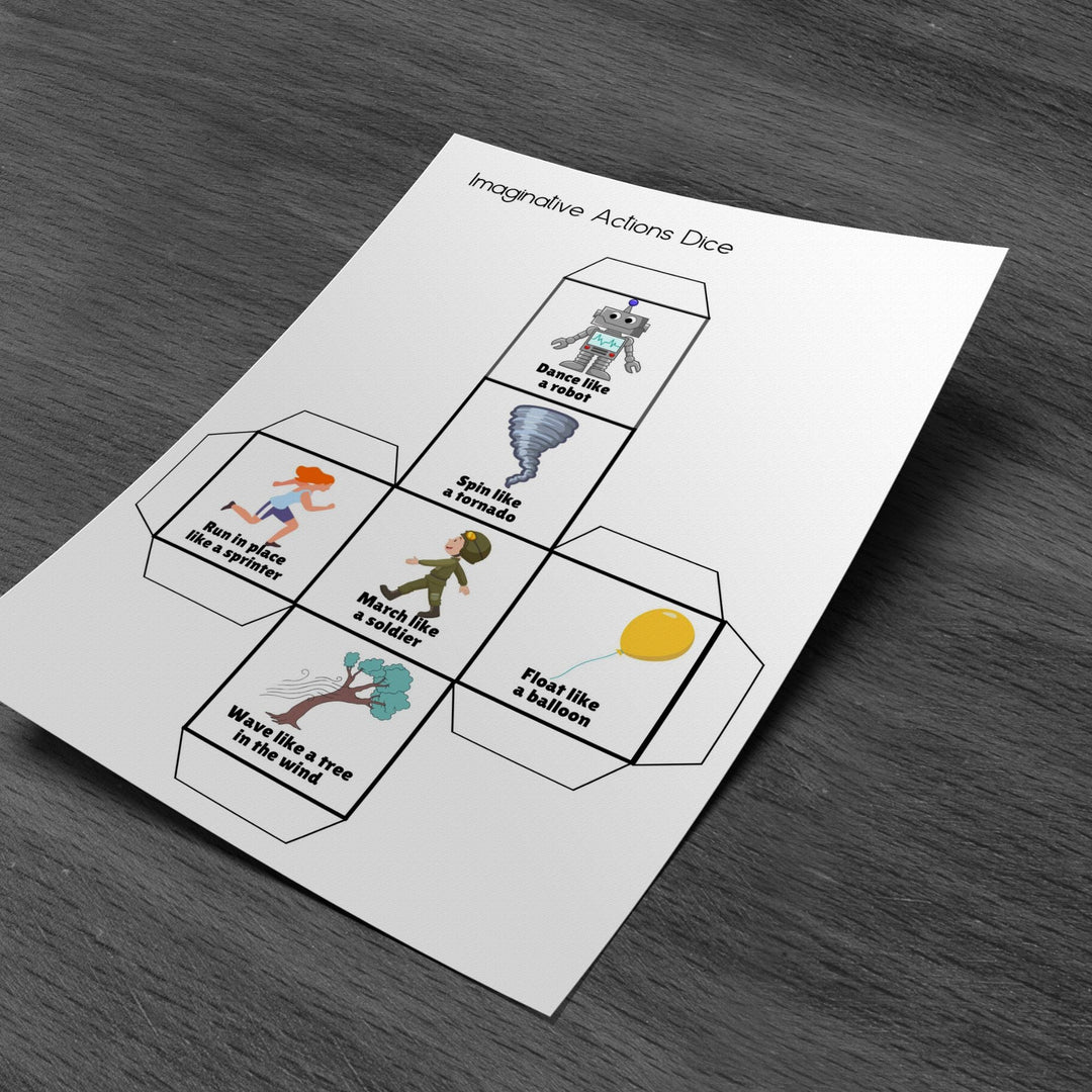 Free Printable Imaginative Actions Dice for Kids - KY designX